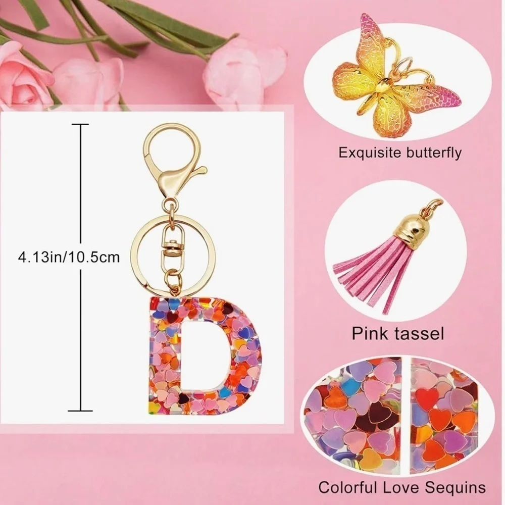 Initial D confetti initial purse charm with butterfly and tassel clips on